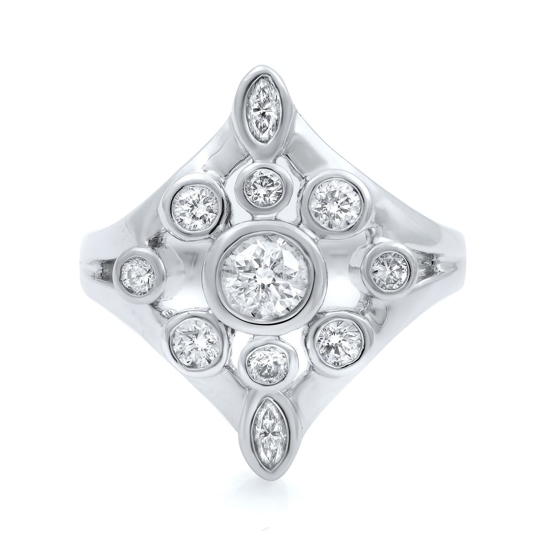 Rachel Koen 18K White Gold Diamond Cocktail Ring 1.00Cttw Size 7: Rachel Koen 18K White Gold Diamond Cocktail Ring 1.00Cttw Size 7 This exquisite Rachel Koen cocktail ring features a stunning bezel setting that showcases 11 round cut diamonds, collectively weighing 