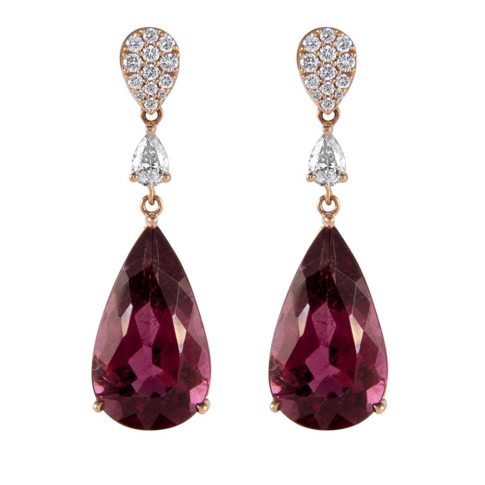 12.82ct GIA Rubellite Diamond Earrings in 18k Rose Gold: 12.82ct GIA Rubellite Diamond Earrings in 18k Rose Gold Experience elegance with these stunning Rubellite and Diamond Earrings, crafted in 18k rose gold. Featuring a total gemstone weight of 13.36 car