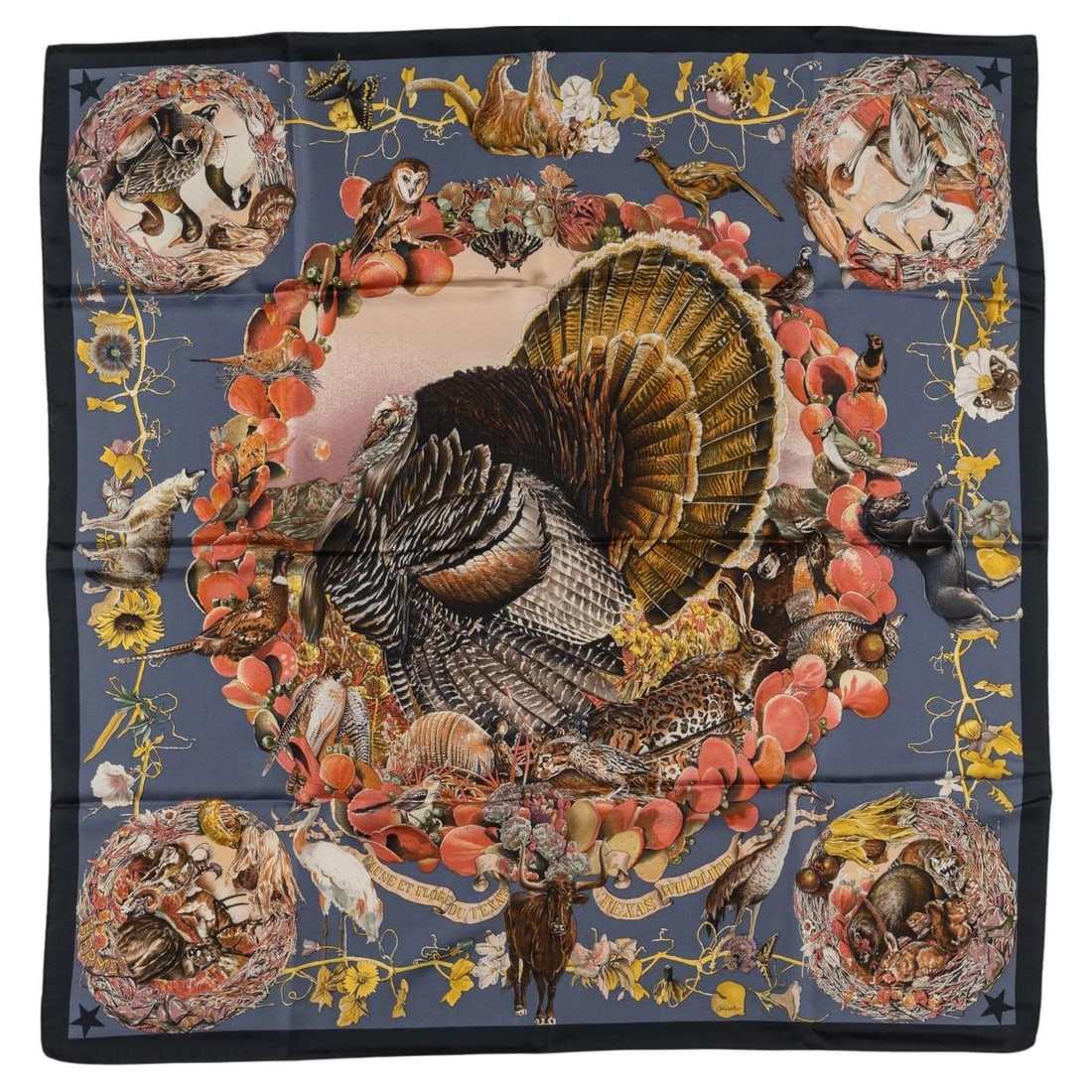 Silk Hermes Faune et Flore du Texas Square Scarf by Oliver Kermit: Silk Hermes Faune et Flore du Texas Square Scarf by Oliver Kermit The Hermes "Faune et Flore du Texas" scarf is crafted from 100% silk and features a design by Oliver Kermit from 1986. This elegant pi