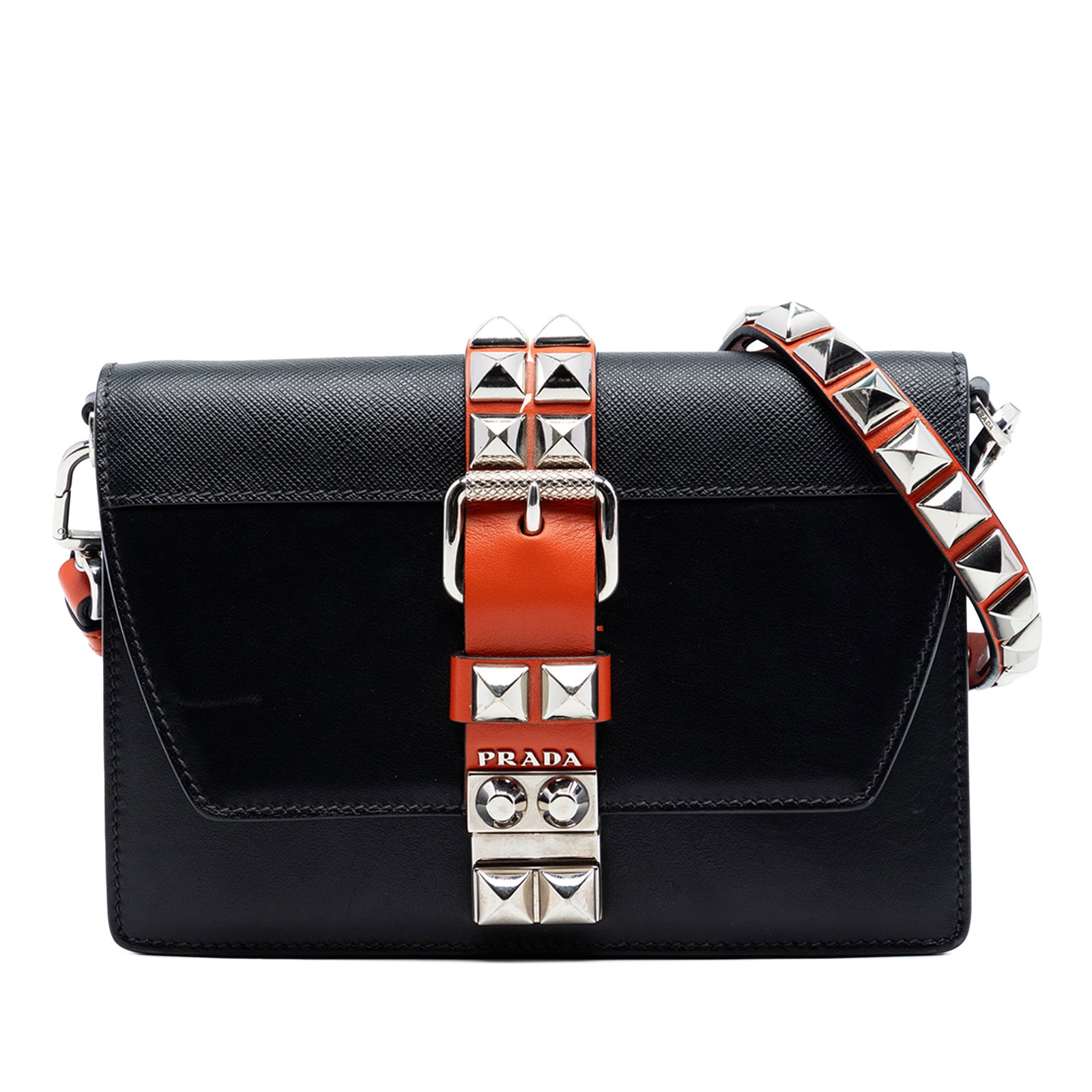 Prada Elektra Crossbody Bag with Studded Leather and Saffiano Trim: Prada Elektra Crossbody Bag with Studded Leather and Saffiano Trim This Prada Elektra crossbody bag features a calf leather body with saffiano leather trim and studded details. It is designed with a s