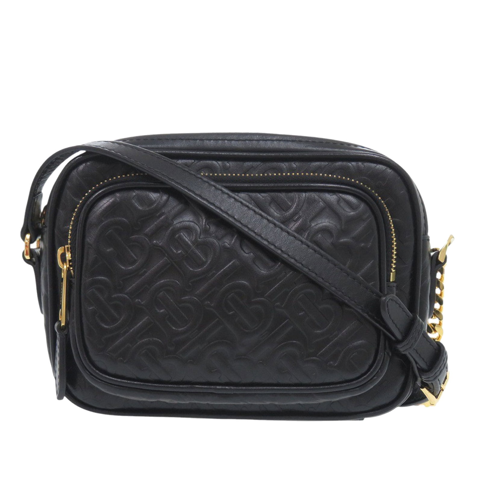 Black Leather TB Monogram Camera Bag with Chain Strap by Burberry: Black Leather TB Monogram Camera Bag with Chain Strap by Burberry This Burberry crossbody bag is crafted from embossed calfskin leather and features the TB Monogram design. It is equipped with a chain