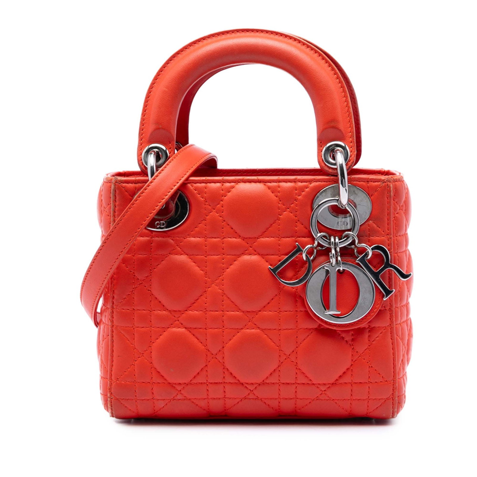 Dior Lady Dior Mini Cannage Lambskin Shoulder Bag Orange: Dior Lady Dior Mini Cannage Lambskin Shoulder Bag Orange Mini Lady Dior handbag in orange quilted lambskin leather with Cannage detailing. This bag features flat leather top handles, a detachable flat