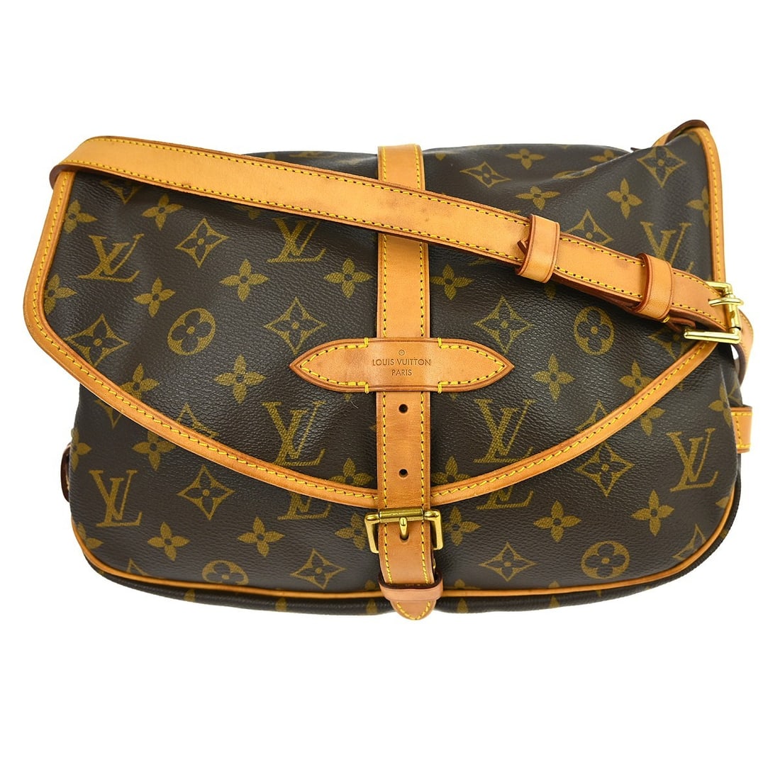 Louis Vuitton Saumur 30 Monogram Canvas Shoulder Bag M42256: Louis Vuitton Saumur 30 Monogram Canvas Shoulder Bag M42256 Vintage Louis Vuitton Saumur 30 messenger shoulder bag in brown Monogram canvas with leather trim and a buckle flap closure. This medium bag