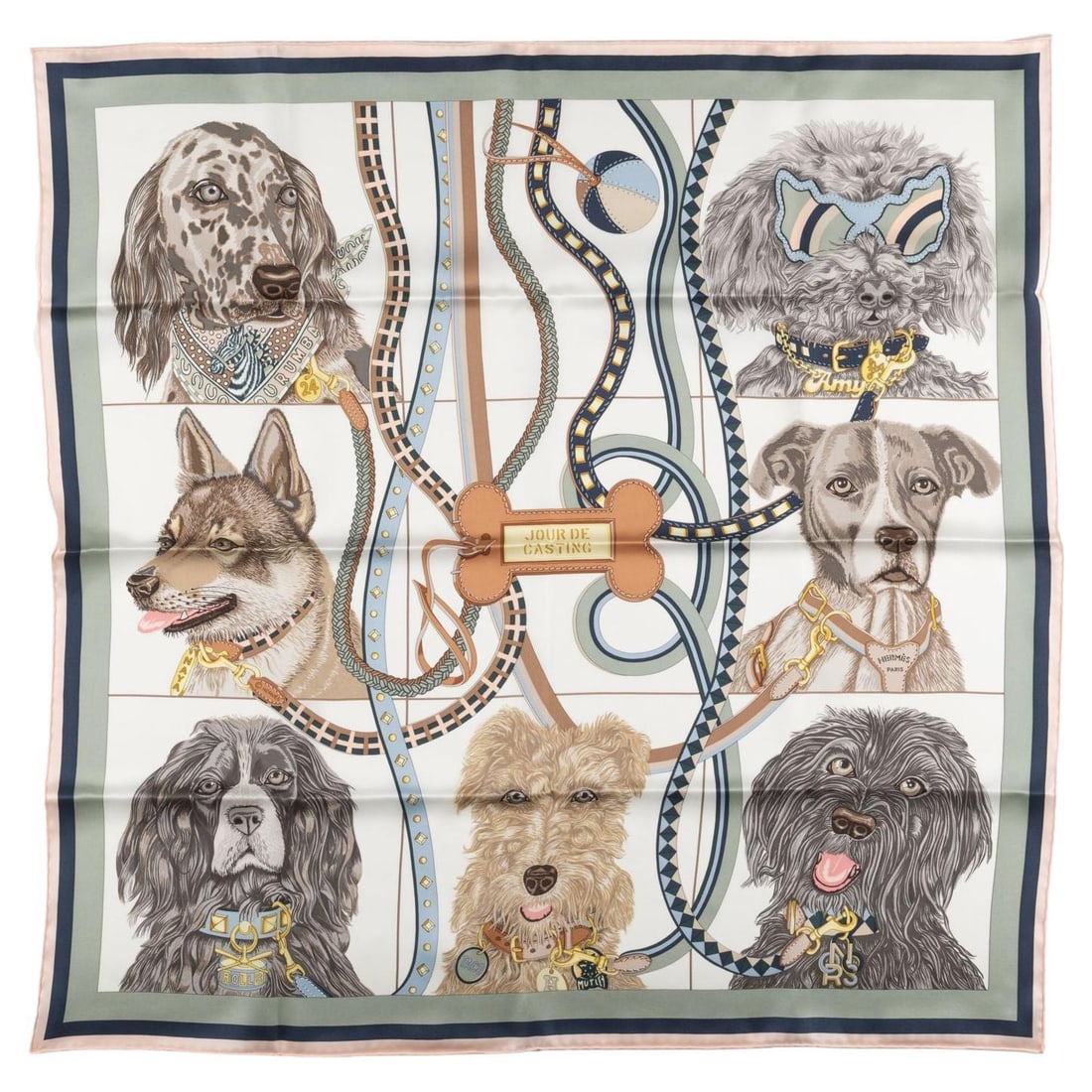 Hermes Jour De Casting 26 in Silk Scarf with Box and Ribbon: Hermes Jour De Casting 26 in Silk Scarf with Box and Ribbon The Hermes "Jour De Casting" scarf is crafted from 100% silk and features hand-rolled edges. Designed by Liz Stirling, this modern accessory