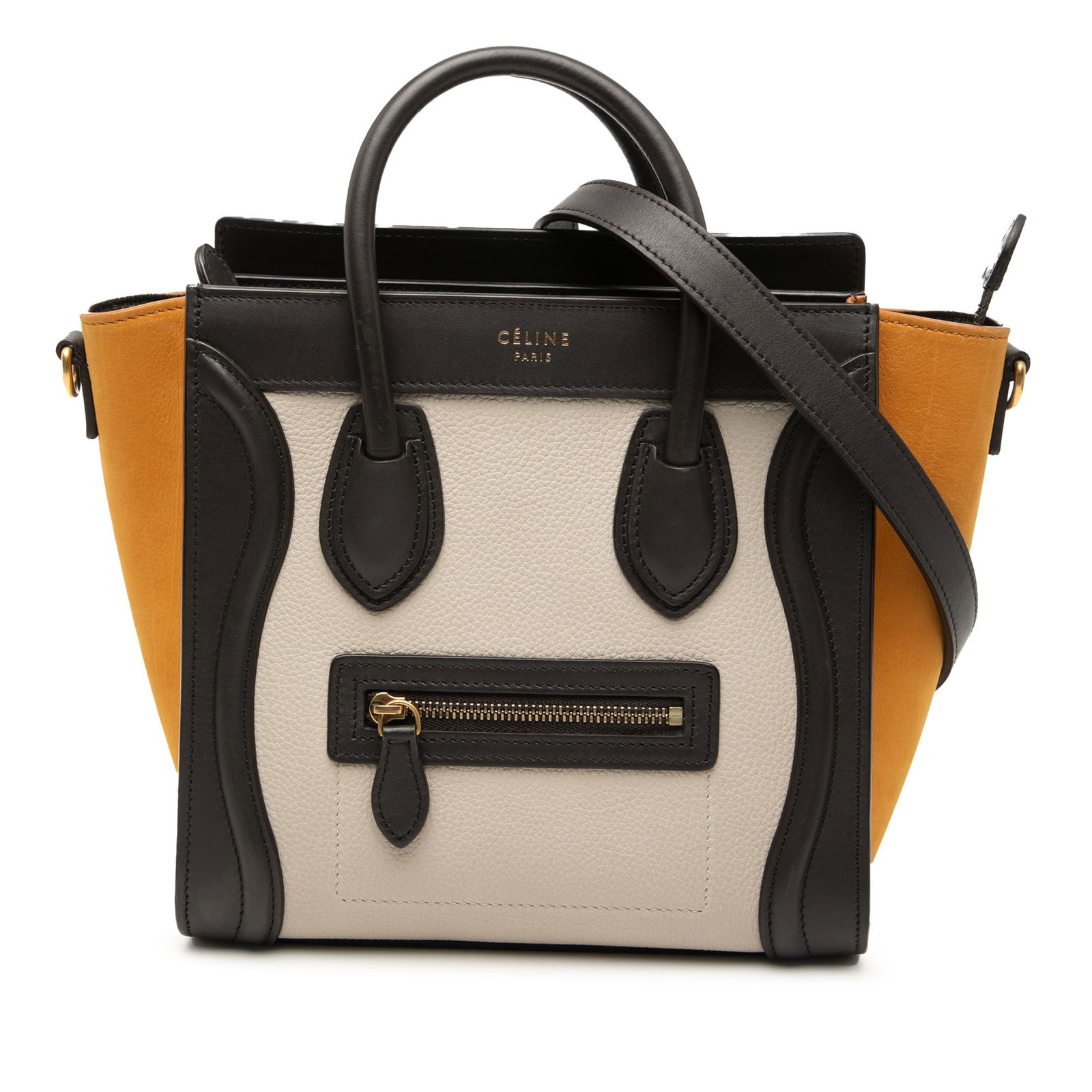 Celine Nano Luggage Tote in Tricolor Nubuck and Calfskin Leather: Celine Nano Luggage Tote in Tricolor Nubuck and Calfskin Leather This Celine Nano Tricolor Luggage Tote features a calf leather body with nubuck leather side panels, rolled leather handles, and a deta