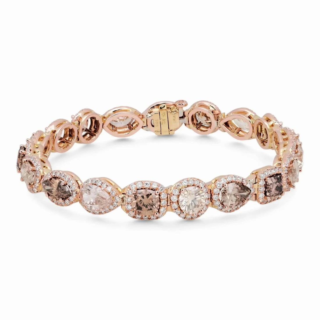 Tennis Bracelet With Multicolor Natural Diamonds In 18K Rose Gold 13.12 Carats: Tennis Bracelet With Multicolor Natural Diamonds In 18K Rose Gold 13.12 Carats This exquisite tennis bracelet features multi-shaped and multi-colored natural diamonds, including oval, marquise, pear, 