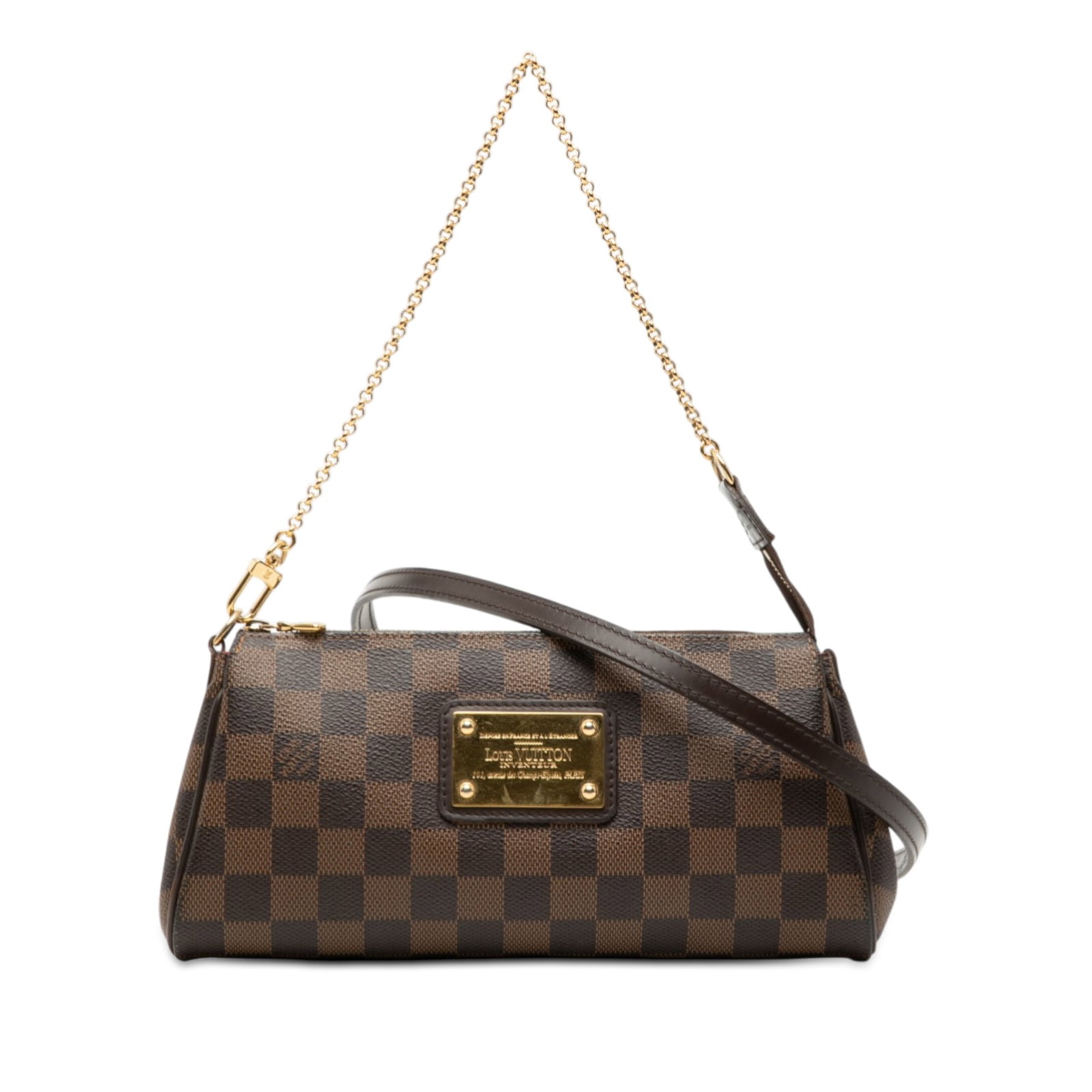 Louis Vuitton Eva Damier Ebene Canvas Bag with Chain and Shoulder Strap: Louis Vuitton Eva Damier Ebene Canvas Bag with Chain and Shoulder Strap This Louis Vuitton Damier Ebene Eva bag features a brown damier canvas body with a gold-tone chain strap and a detachable should