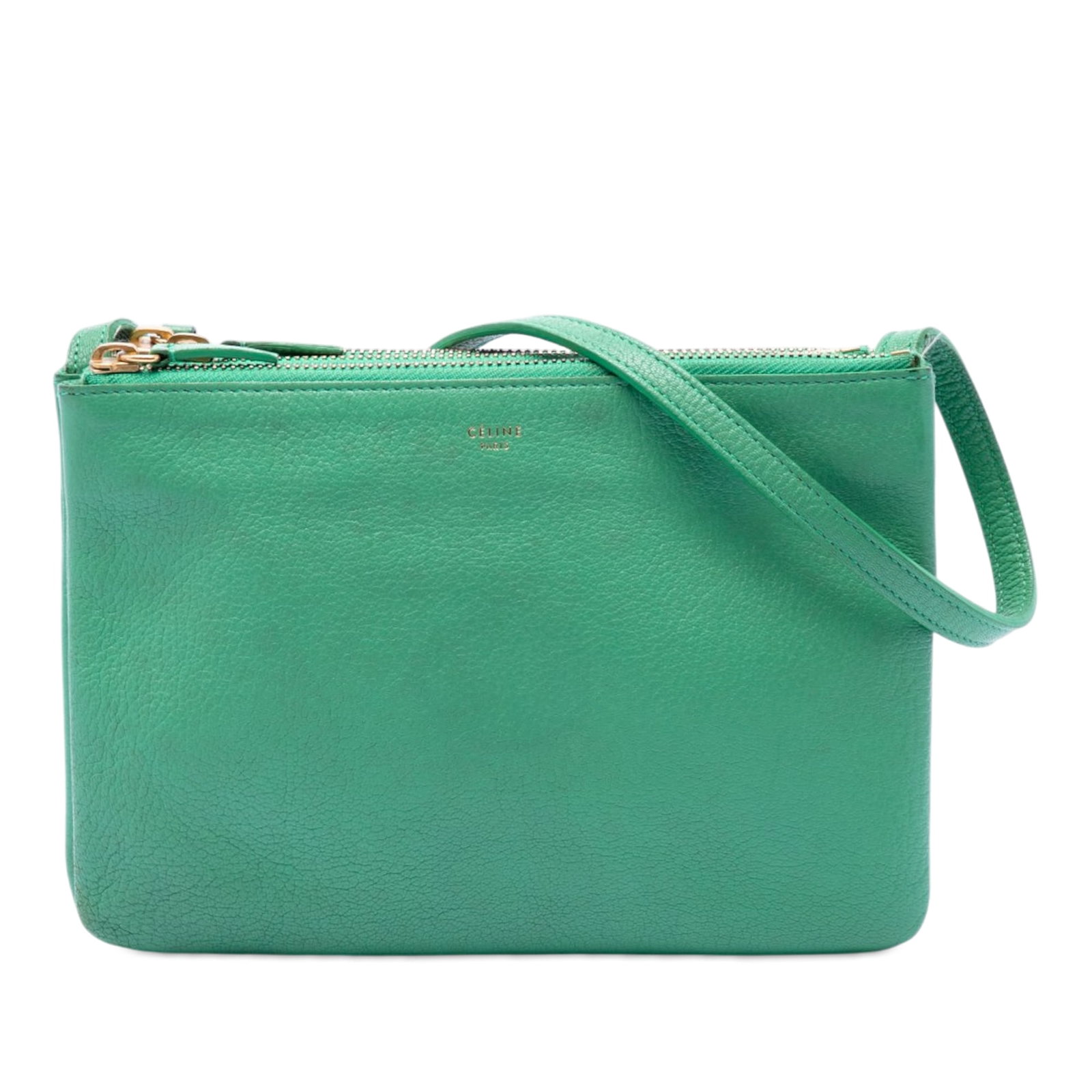 Celine Trio Small Green Leather Crossbody Bag: Celine Trio Small Green Leather Crossbody Bag This Celine Small Lambskin Trio Crossbody bag features a green lambskin leather body with a flat leather shoulder strap and three top zip compartments for