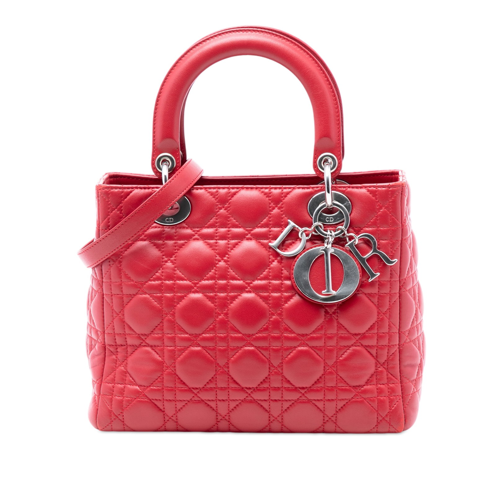 Dior Lady Dior Medium Red Quilted Lambskin Shoulder Bag with Strap (1 of 7)