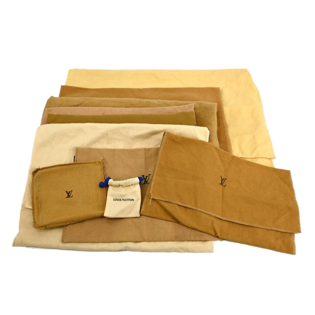 Set of 10 Louis Vuitton Authentic Cotton Dust Bags Brown Beige: Set of 10 Louis Vuitton Authentic Cotton Dust Bags Brown Beige Set of 10 authentic Louis Vuitton dust bags in brown and beige cotton. These unisex dust bags show overall signs of use, including stains