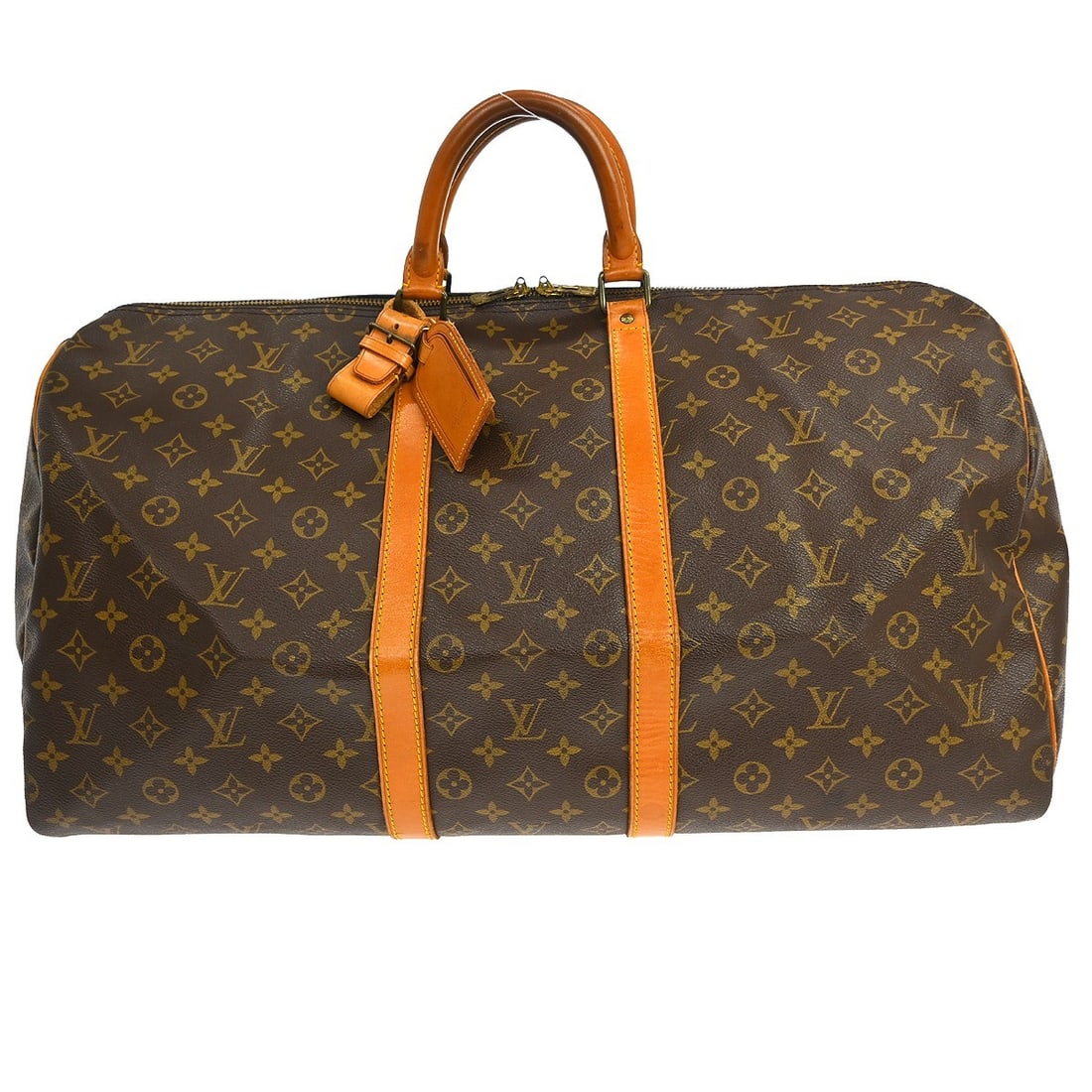 Louis Vuitton Keepall 55 Monogram Canvas Duffle Bag M41424: Louis Vuitton Keepall 55 Monogram Canvas Duffle Bag M41424 Vintage Louis Vuitton Keepall 55 travel handbag in brown Monogram canvas with leather trim and double handles. This extra-large duffle-style 
