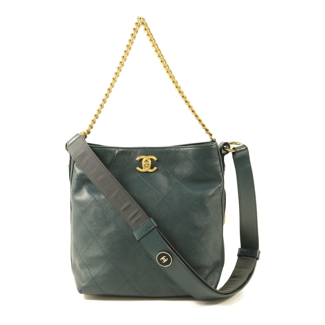 Chanel Green Calfskin Hobo Shoulder Bag with Gold Hardware A57573: Chanel Green Calfskin Hobo Shoulder Bag with Gold Hardware A57573 This CHANEL 2-way shoulder hobo bag features a stylish design crafted from green calfskin leather. Designed for women, it offers versa