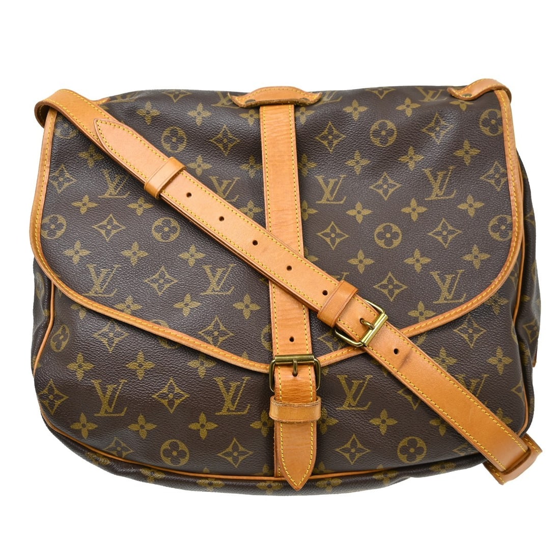 Louis Vuitton Saumur 35 Monogram Canvas Crossbody Bag M42254: Louis Vuitton Saumur 35 Monogram Canvas Crossbody Bag M42254 Vintage Louis Vuitton Saumur 35 shoulder bag in brown Monogram canvas and leather. This medium unisex bag features a buckle closure, crossb