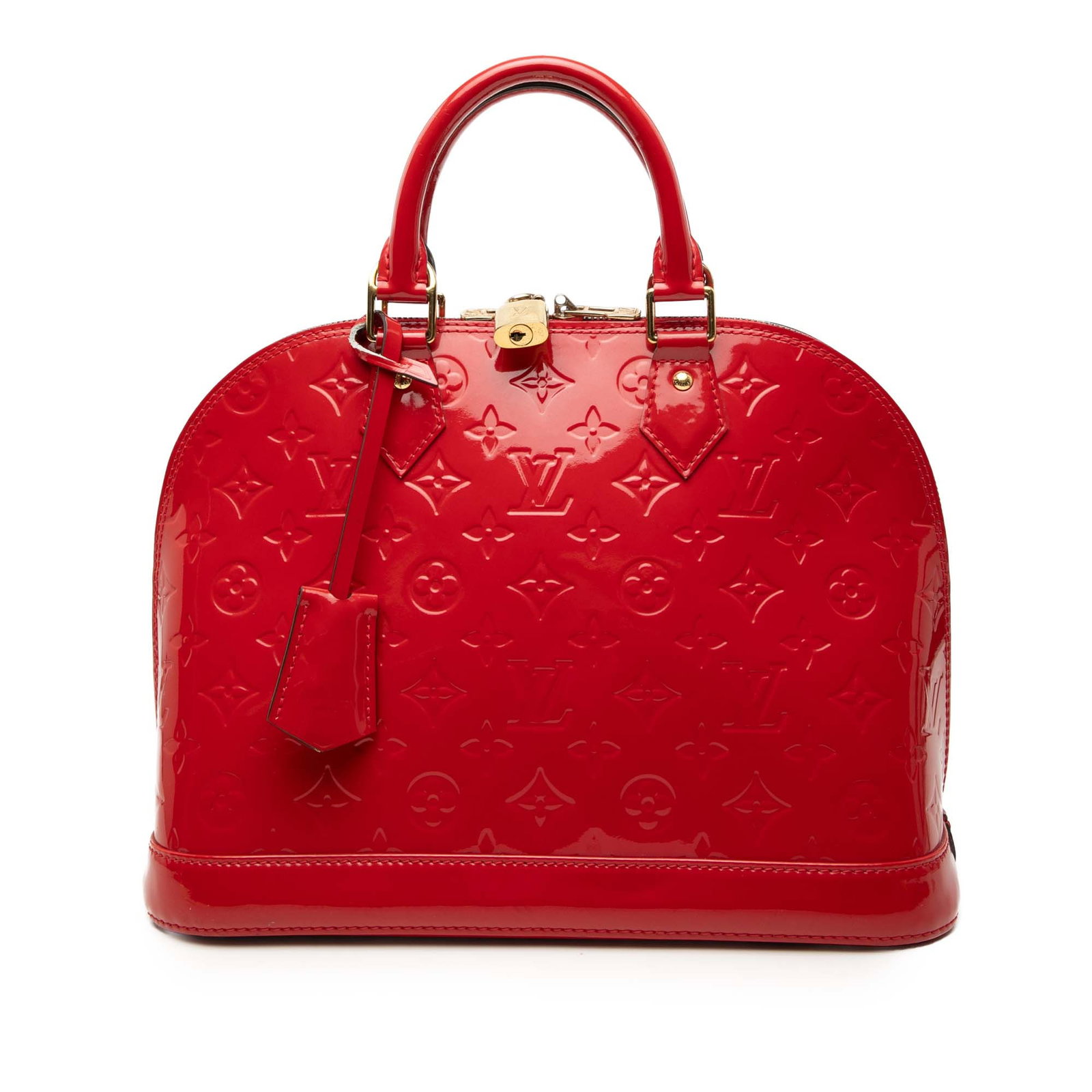 Red Vernis Leather Alma PM Handbag by Louis Vuitton: Red Vernis Leather Alma PM Handbag by Louis Vuitton This Louis Vuitton Monogram Vernis Alma PM is crafted from monogram vernis leather in red and features rolled leather handles, a clochette, a top zi