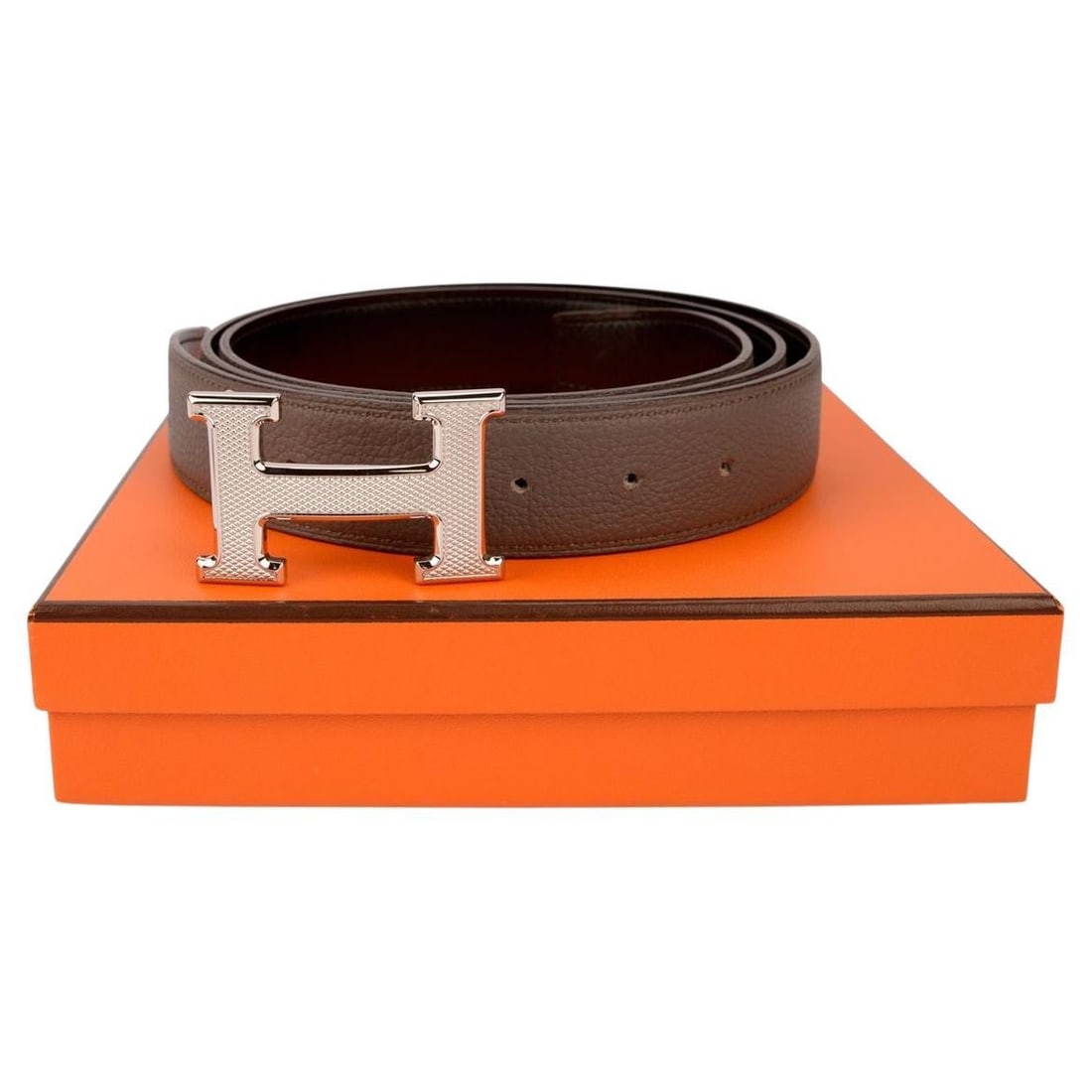 Hermes Reversible Leather Belt with Silver H Buckle and Box (1 of 7)