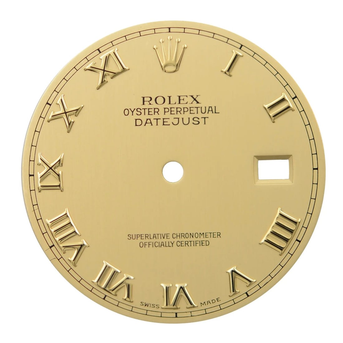 Rolex Datejust 16233 36mm Dial Champagne Gold Roman Numerals: Rolex Datejust 16233 36mm Dial Champagne Gold Roman Numerals Pre-owned Rolex Datejust watch dial for reference 16233, featuring a champagne finish, Roman numeral hour markers, and a date window. The f