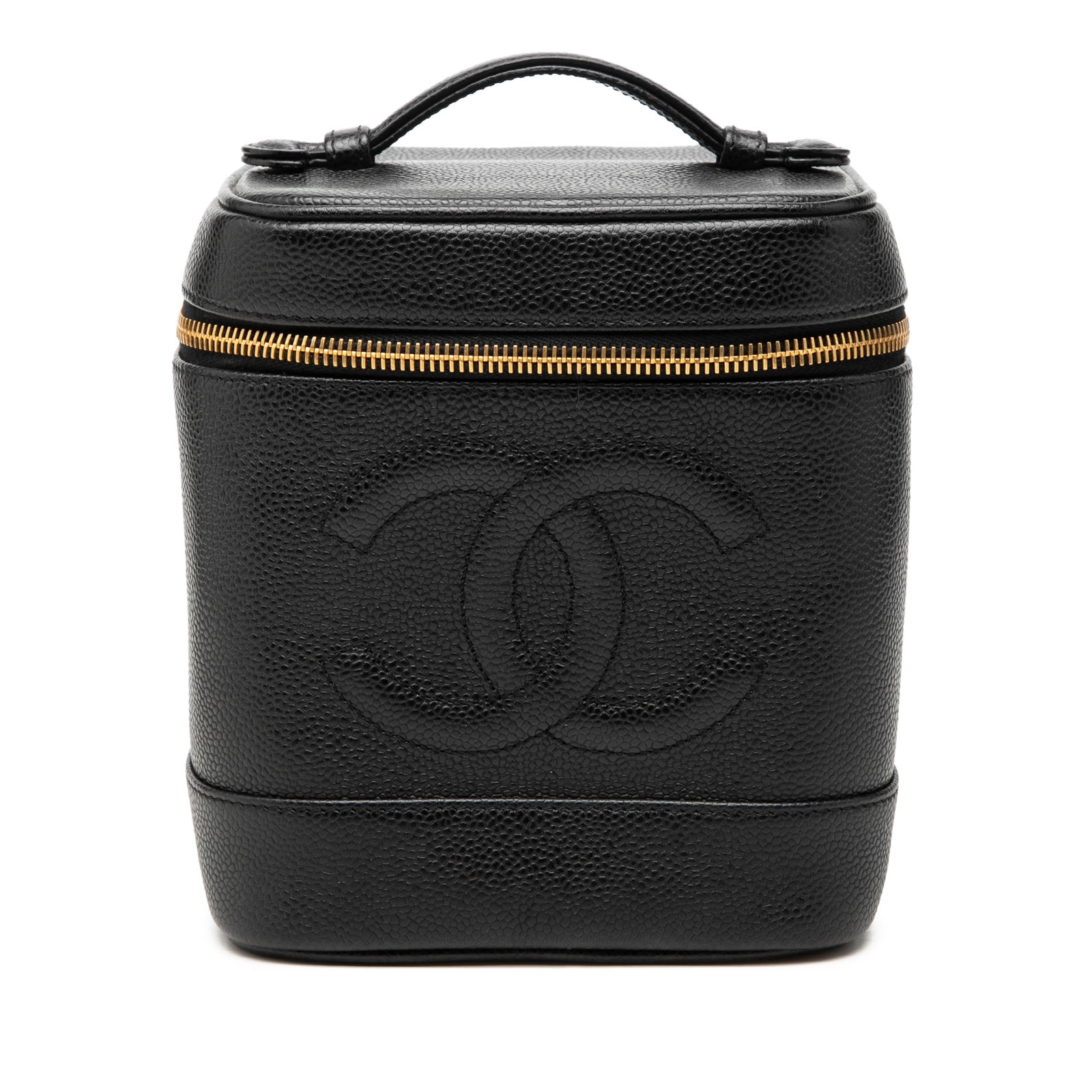Chanel CC Vanity Bag in Black Caviar Leather: Chanel CC Vanity Bag in Black Caviar Leather Chanel CC Caviar Vanity Bag in black caviar leather. This vanity bag features a flat leather top handle, zip-around closure, and an interior slip pocket. C