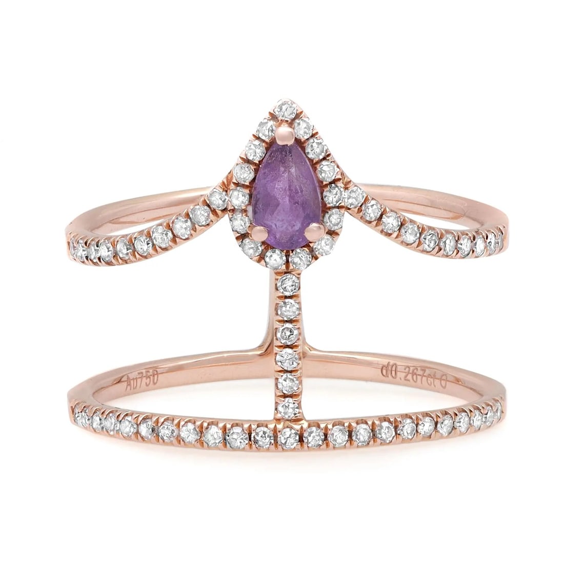 18K Rose Gold Amethyst Diamond Band Ring 0.26Ct 6.75: 18K Rose Gold Amethyst Diamond Band Ring 0.26Ct 6.75 This exquisite wide band ring is crafted from fine 18K rose gold, showcasing a stunning prong-set pear-shaped amethyst at its center, complemented 