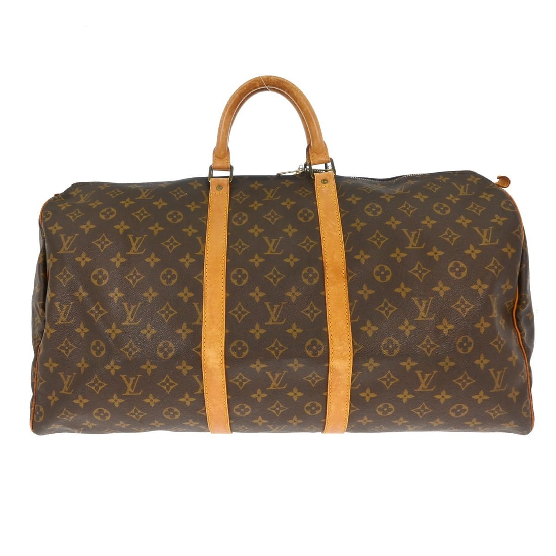 Louis Vuitton Keepall 55 Monogram Canvas Duffle Bag M41424: Louis Vuitton Keepall 55 Monogram Canvas Duffle Bag M41424 Vintage Louis Vuitton Keepall 55 travel handbag in Monogram canvas with leather trim and double handles. This extra-large duffle-style bag fe