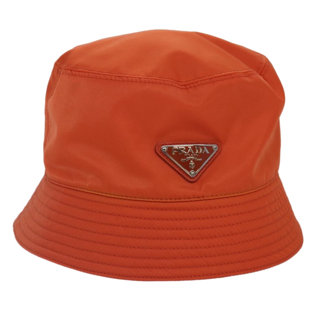 Orange Nylon Large Bucket Hat by Prada for Women: Orange Nylon Large Bucket Hat by Prada for Women This PRADA women's bucket hat is crafted from orange nylon and features a size L fit with an approximate head circumference of 59 cm (23.2 inches). Mad