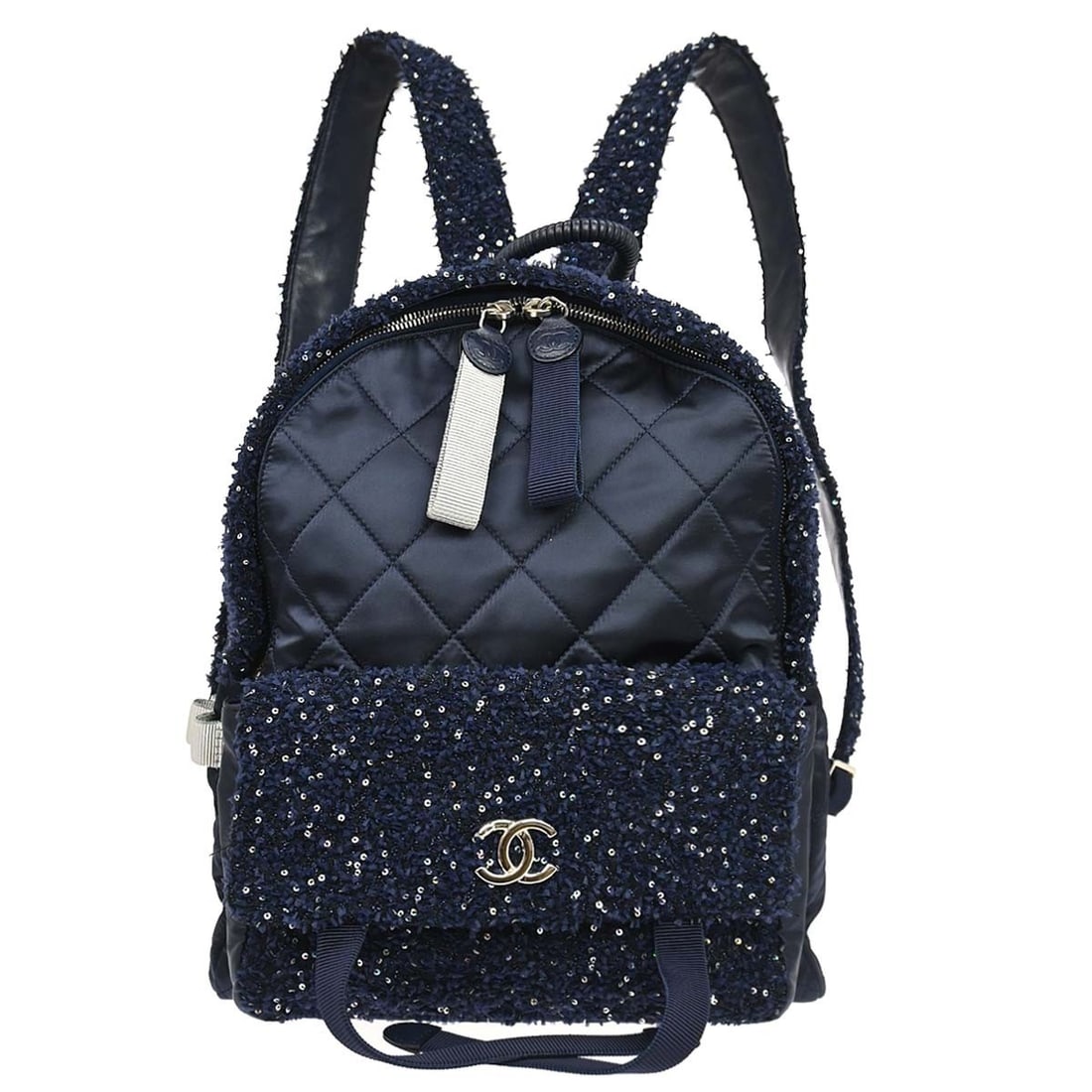 CHANEL Backpack Bag Navy Tweed Sequin Matelasse Flap Drawstring (1 of 15)