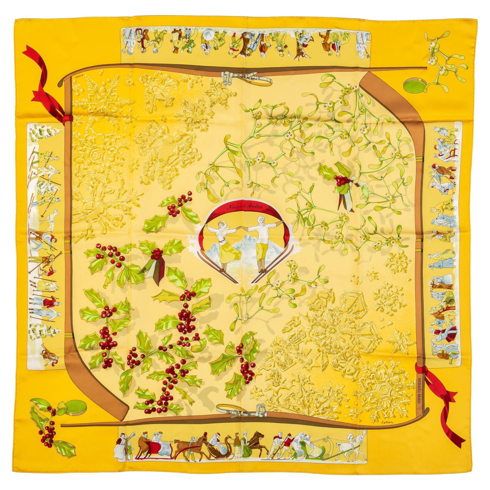 Hermes Neige d'Antan Square Silk Scarf in Yellow 35 Inch: Hermes Neige d'Antan Square Silk Scarf in Yellow 35 Inch This Hermes "Neige d'Antan" scarf features a vibrant yellow color and is crafted from 100% silk with hand rolled trim. A collectible accessory,