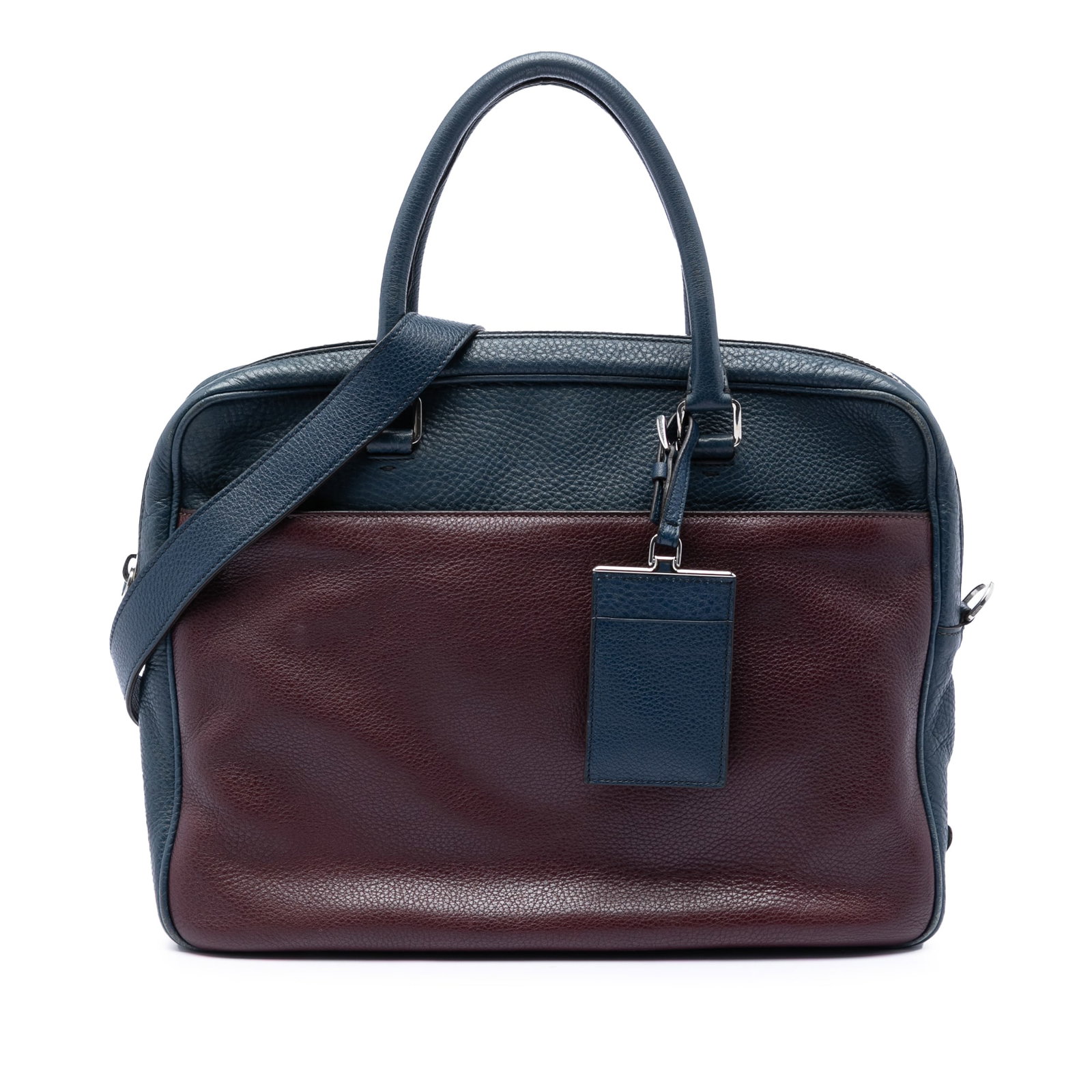 Prada Vitello Daino Bicolor Leather Briefcase Blue (1 of 6)