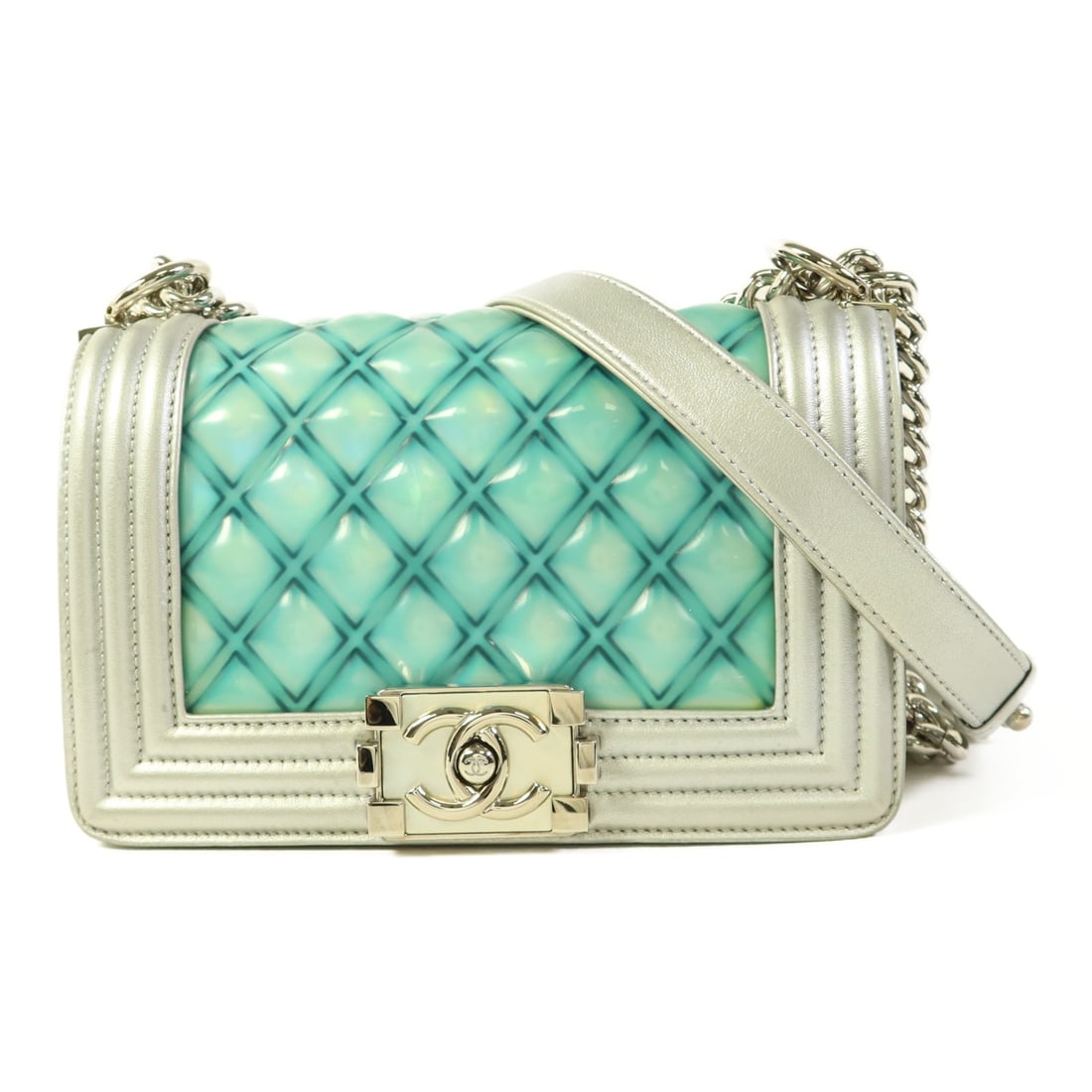 CHANEL Boy 20 Silver Calfskin Chain Shoulder Bag: CHANEL Boy 20 Silver Calfskin Chain Shoulder Bag This CHANEL Boy 20 Chain Shoulder Bag is crafted from calfskin leather and features a silver color with silver hardware. Designed for women, it offers 