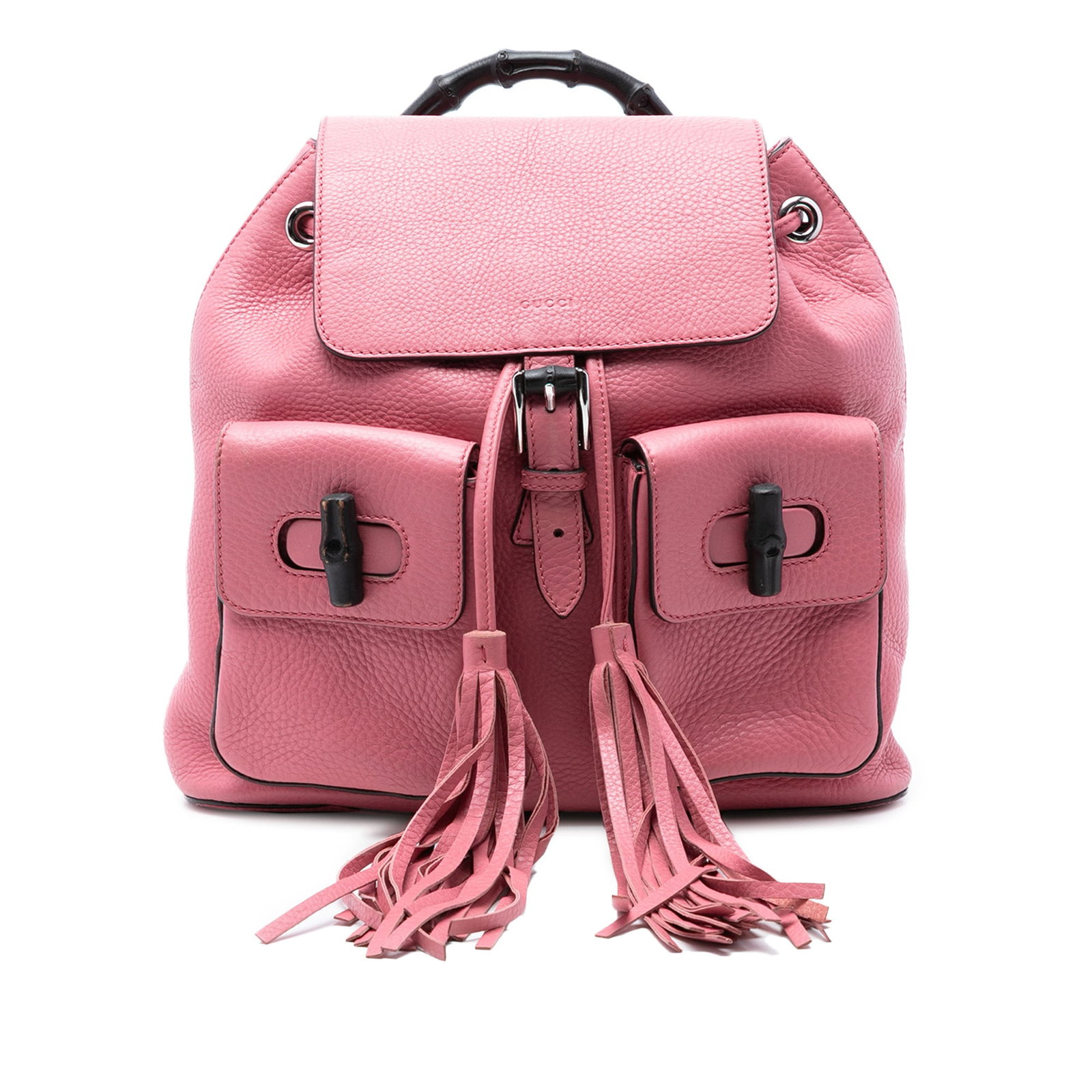 Gucci pink leather backpack with bamboo handle and tassel pulls: Gucci pink leather backpack with bamboo handle and tassel pulls This Gucci Leather Bamboo Tassel Backpack is crafted from leather and features a bamboo top handle, adjustable flat leather back straps,