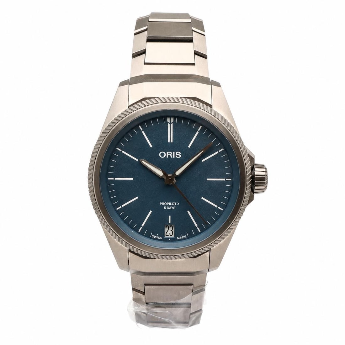 Oris ProPilot X Titanium 39mm Blue Dial Automatic Watch: Oris ProPilot X Titanium 39mm Blue Dial Automatic Watch This Oris ProPilot X Calibre 400 wristwatch features a 39mm brushed titanium case with a matching titanium bracelet. The blue dial is accented w