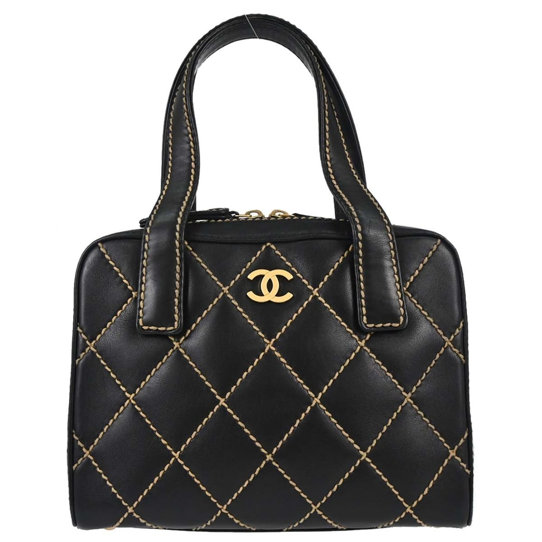 CHANEL Wild Stitch quilted black calfskin top handle bag: CHANEL Wild Stitch quilted black calfskin top handle bag Chanel Wild Stitch handbag in black quilted calfskin leather with a top handle and zip closure. This medium handbag features bottom studs and m