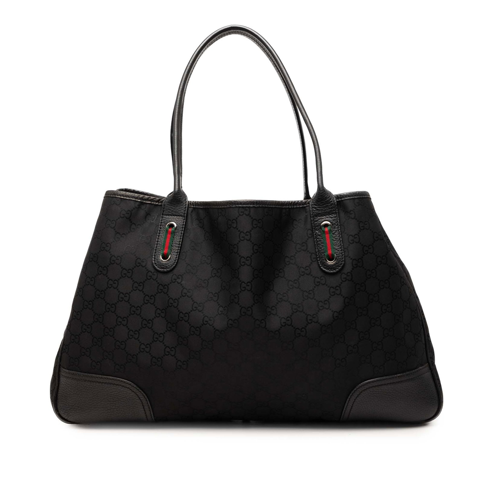 Gucci Princy Tote Black GG Nylon Handbag with Leather Trim: Gucci Princy Tote Black GG Nylon Handbag with Leather Trim Gucci GG Nylon Princy tote in black with a nylon body, leather trim, rolled leather straps, an open top, and interior zip and slip pockets. M