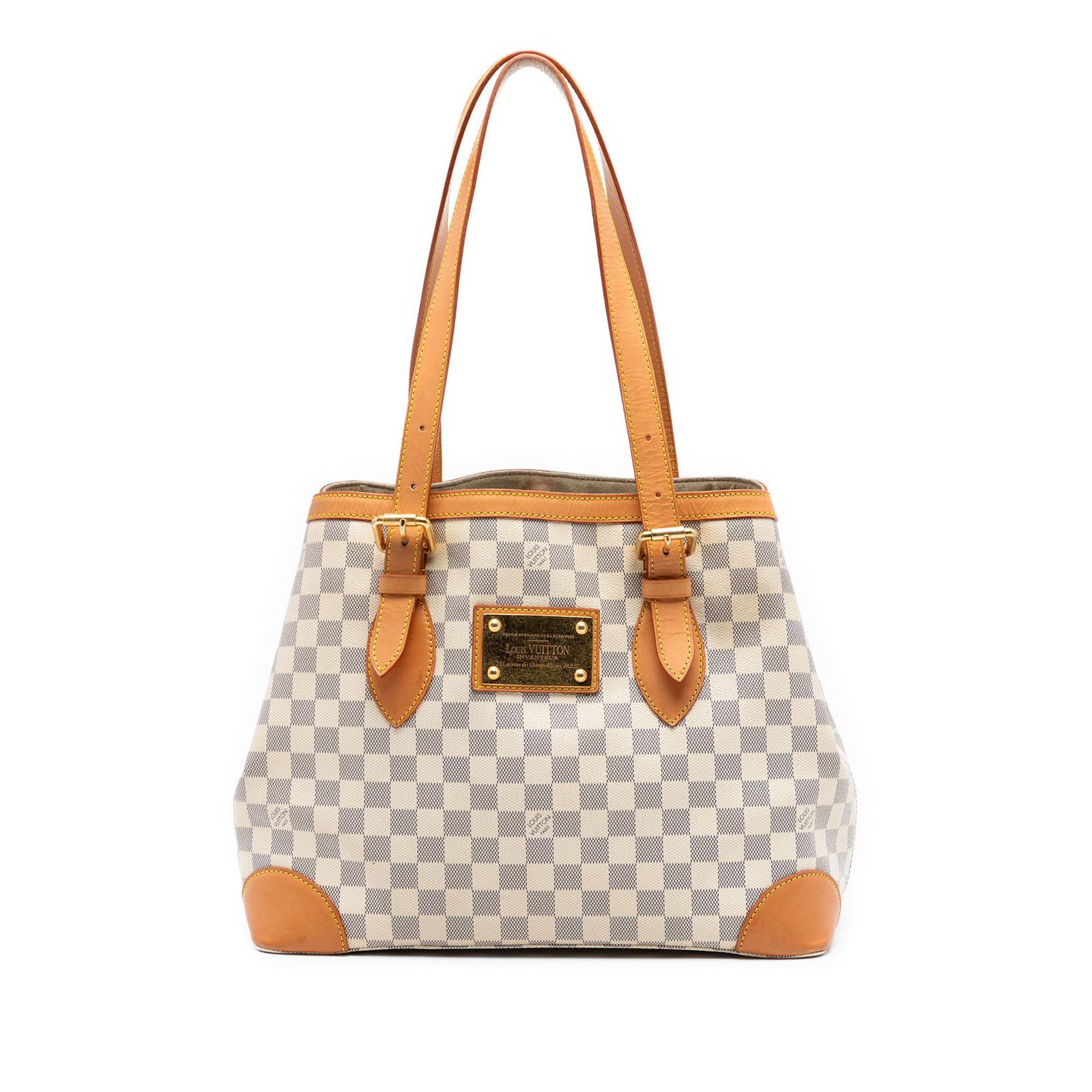 Louis Vuitton Hampstead MM Damier Azur Tote Bag: Louis Vuitton Hampstead MM Damier Azur Tote Bag The Louis Vuitton Damier Azur Hampstead MM is a spacious tote bag crafted from damier canvas with flat vachetta leather shoulder straps. It features an 