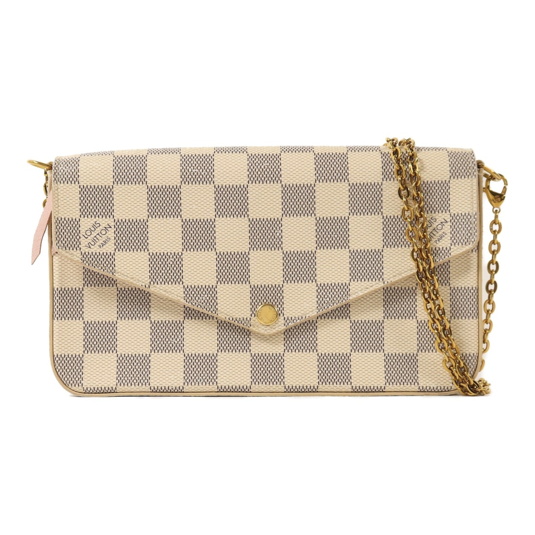 Louis Vuitton Felicie Damier Azur Chain Shoulder Bag White PVC Canvas: Louis Vuitton Felicie Damier Azur Chain Shoulder Bag White PVC Canvas This Louis Vuitton Felicie Pochette chain shoulder bag features a Damier Azur pattern in white. Crafted from PVC coated canvas, it