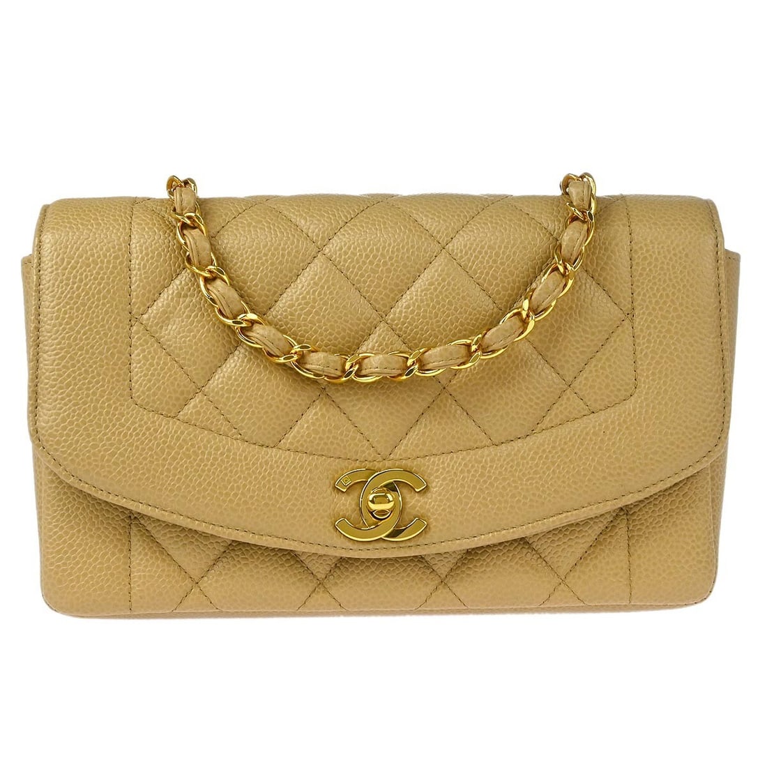 CHANEL Small Diana Beige Caviar Leather Chain Shoulder Bag: CHANEL Small Diana Beige Caviar Leather Chain Shoulder Bag Chanel Small Diana shoulder bag in beige caviar skin leather with a matelasse quilted exterior, flap turnlock closure, and single chain shoul