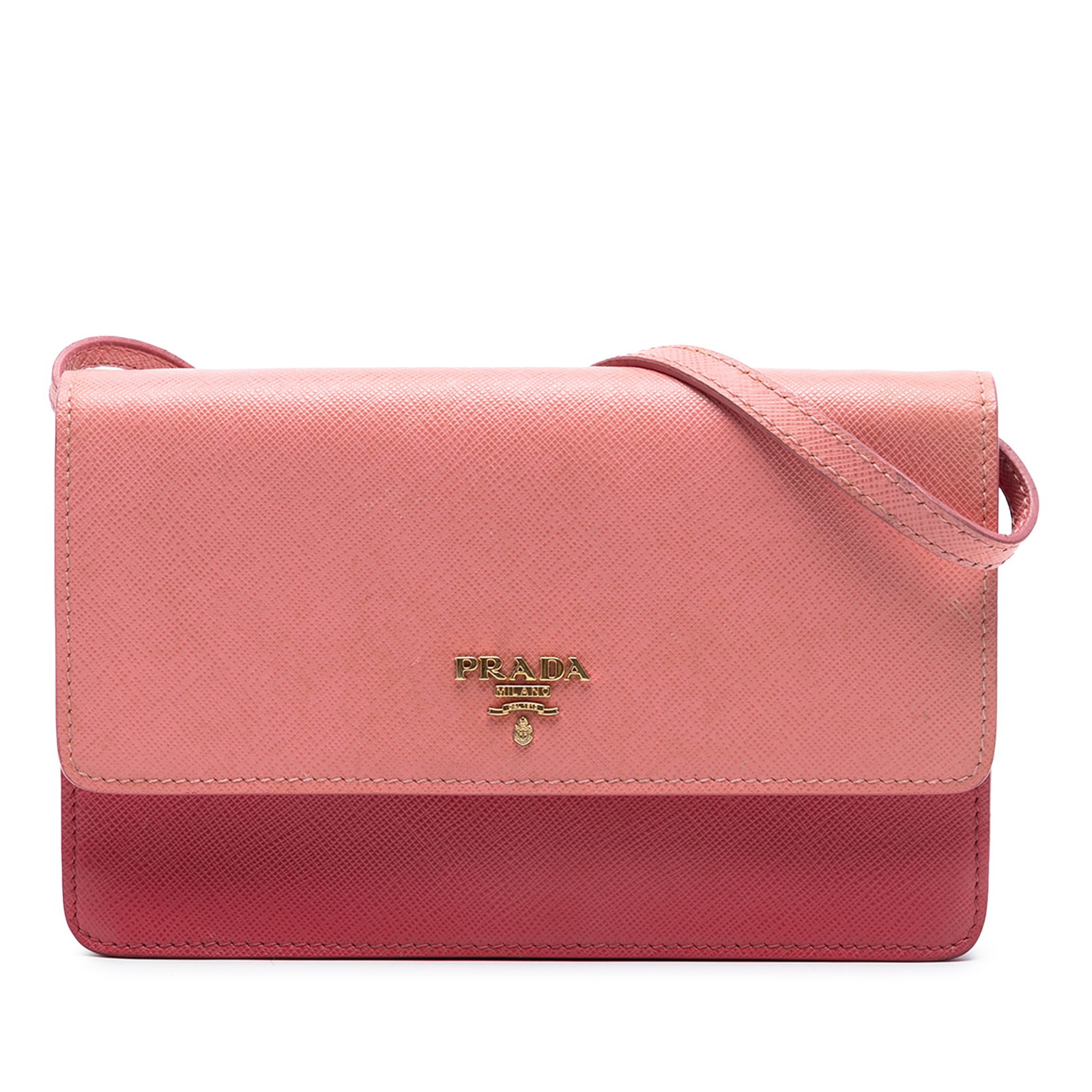 Prada Saffiano Lux Pink Leather Wallet with Strap Bicolor Design: Prada Saffiano Lux Pink Leather Wallet with Strap Bicolor Design This Prada Bicolor Saffiano Lux Wallet On Strap is crafted from saffiano leather in a pink hue. It features a flat leather strap, a fro