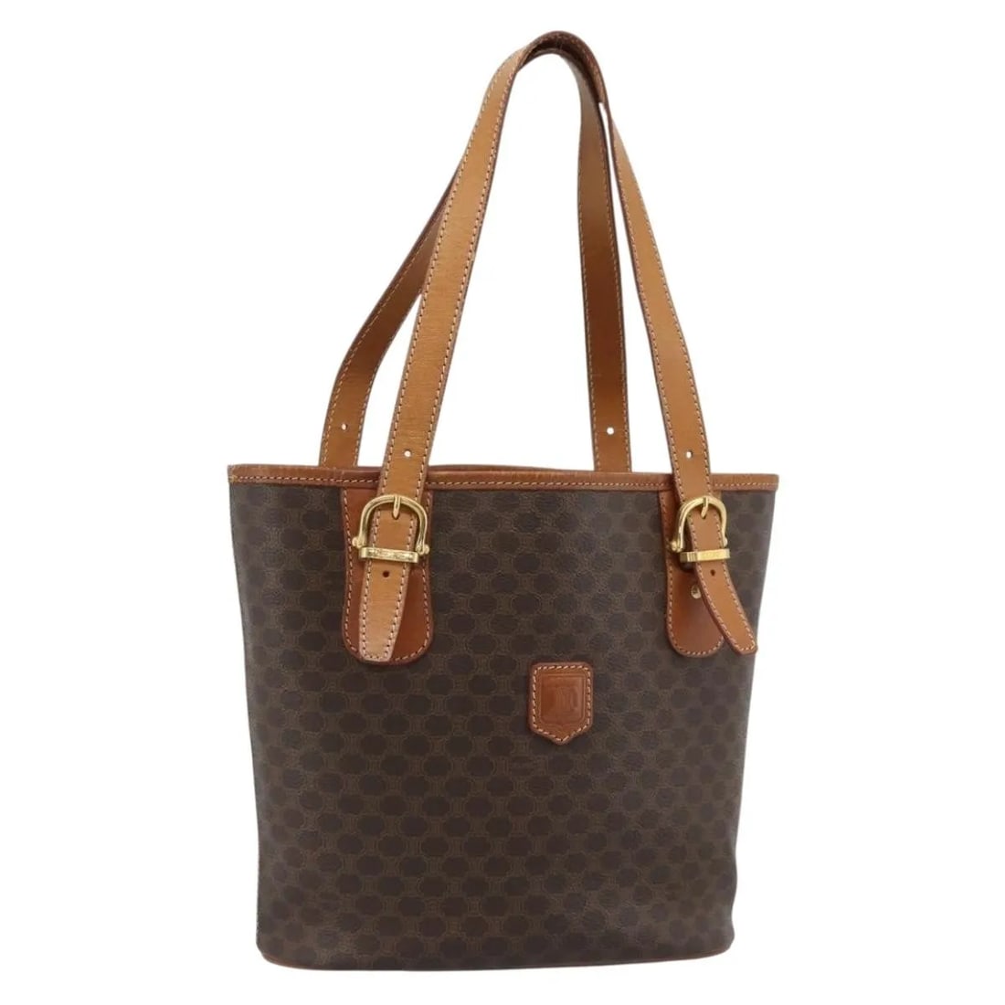 Celine Vintage Macadam Brown Canvas Leather Handbag: Celine Vintage Macadam Brown Canvas Leather Handbag Vintage Celine Macadam bag in brown canvas. This piece is in good condition with visible wear throughout, including loss of shape, rubbing, stains, 