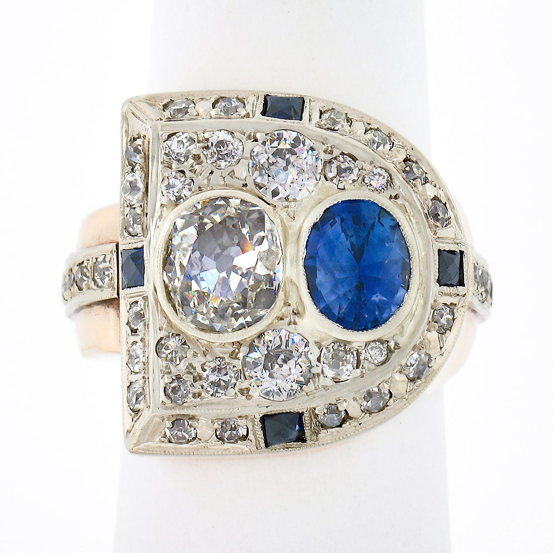 Retro GIA Certified 14K Rose White Gold Cushion Diamond Sapphire Ring (1 of 9)
