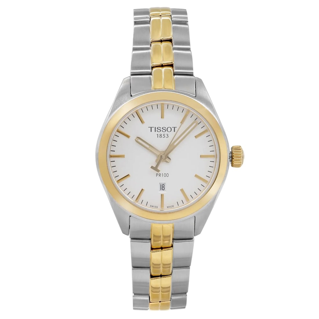 Tissot PR100 Quartz Ladies Watch Silver Dial Two-Tone Bracelet T101.210.22.031.00: Tissot PR100 Quartz Ladies Watch Silver Dial Two-Tone Bracelet T101.210.22.031.00 This Tissot PR100 ladies' wristwatch is a stylish combination of functionality and elegance. Featuring a quartz moveme