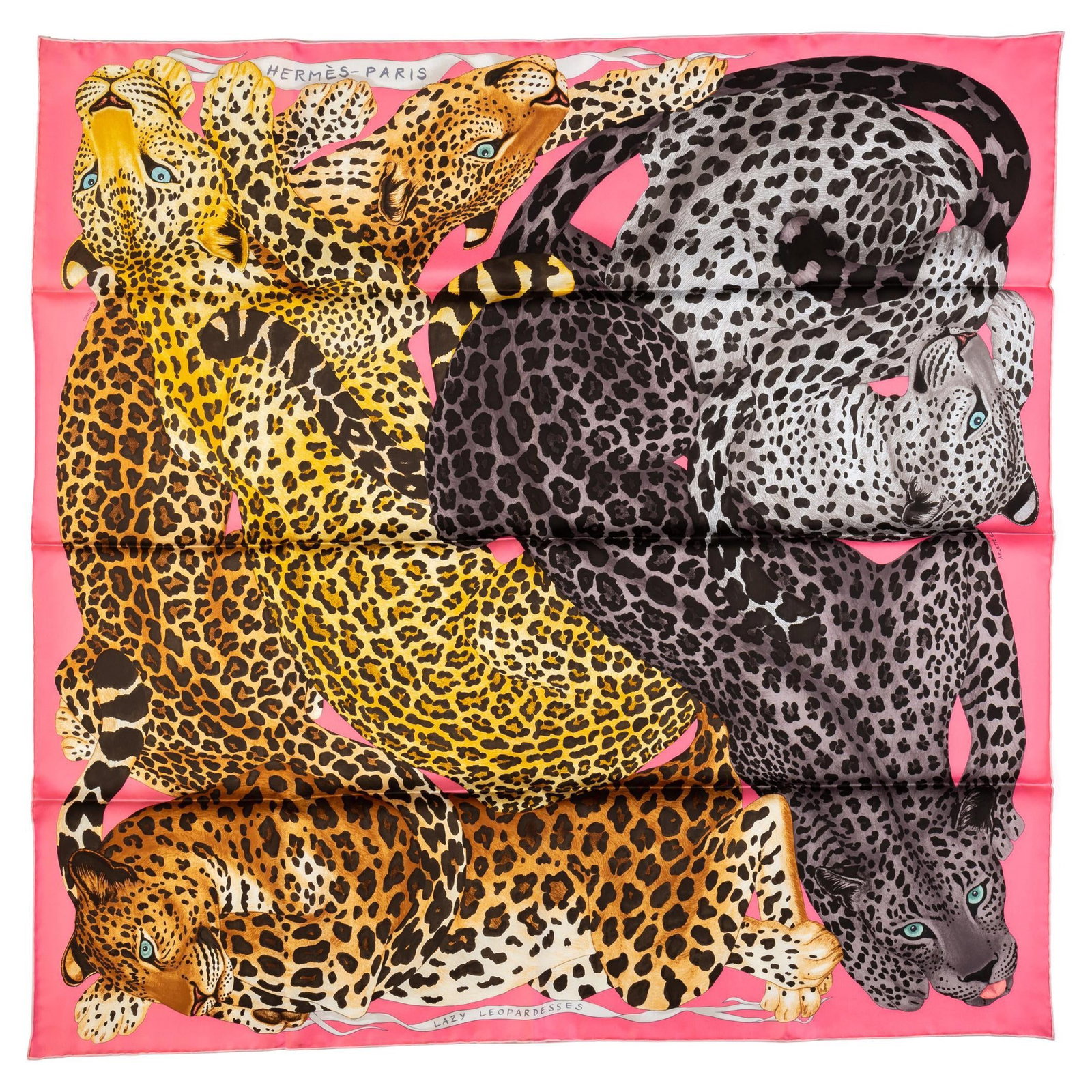 Hermes Lazy Leopardess Pink Silk Scarf 35in Hand Rolled Edges: Hermes Lazy Leopardess Pink Silk Scarf 35in Hand Rolled Edges Elevate your accessory collection with this exquisite Hermes Lazy Leopardess silk scarf. Featuring a stunning pink colorway, this luxuriou