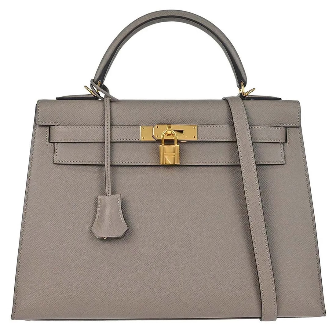 Hermes Kelly gray leather handbag 33cm gold tone hardware: Hermes Kelly gray leather handbag 33cm gold tone hardware Hermes Kelly handbag in gray leather with gold hardware. Made in France, this piece is presented in very good overall condition, with scuffs o