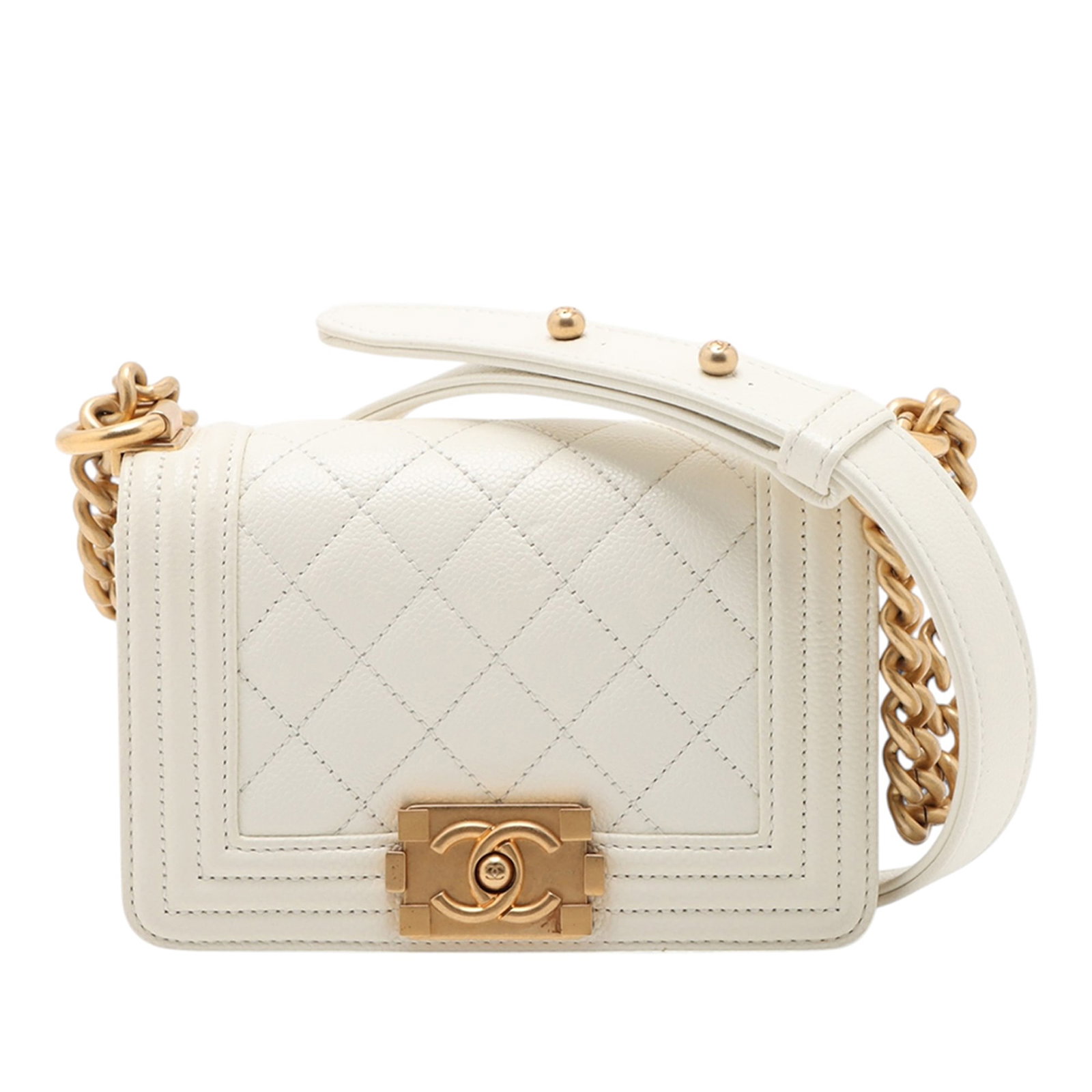 Chanel Boy Flap Mini crossbody in white quilted caviar leather: Chanel Boy Flap Mini crossbody in white quilted caviar leather Mini Chanel Boy Flap crossbody bag in white quilted caviar leather. It features a curb chain and leather strap, a front flap with push lo
