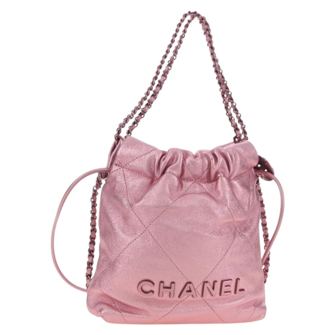 CHANEL Chanel 22 Mini Pink Lamb Skin Shoulder Bag CC: CHANEL Chanel 22 Mini Pink Lamb Skin Shoulder Bag CC Chanel 22 Mini shoulder bag in pink lamb skin with chain strap. Includes the dust bag and item box. Made in Italy. Condition is ranked A, with the 