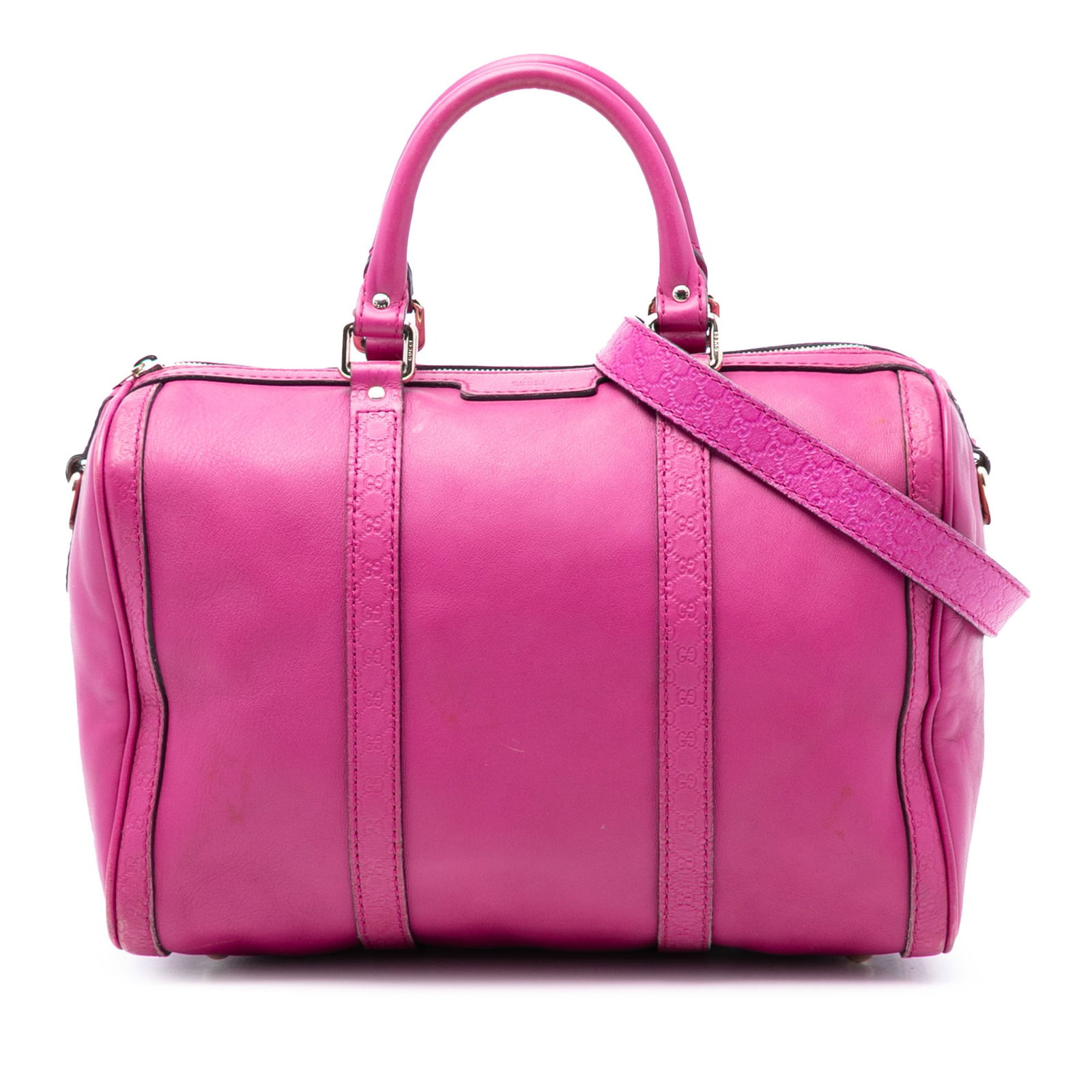 Gucci Joy Boston Bag in Pink Leather Microguccissima Trim: Gucci Joy Boston Bag in Pink Leather Microguccissima Trim This Gucci Medium Microguccissima Trimmed Joy Boston Bag features a pink leather body, rolled leather handles, a detachable flat leather strap