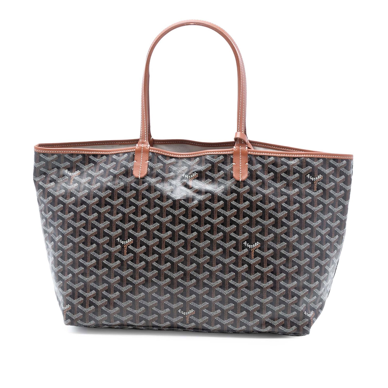 Goyard Saint Louis PM Black Coated Canvas Tote Bag with Leather Trim: Goyard Saint Louis PM Black Coated Canvas Tote Bag with Leather Trim The Saint Louis PM features a coated canvas body with leather trim, flat leather straps, and an open top. The bag is finished in bl