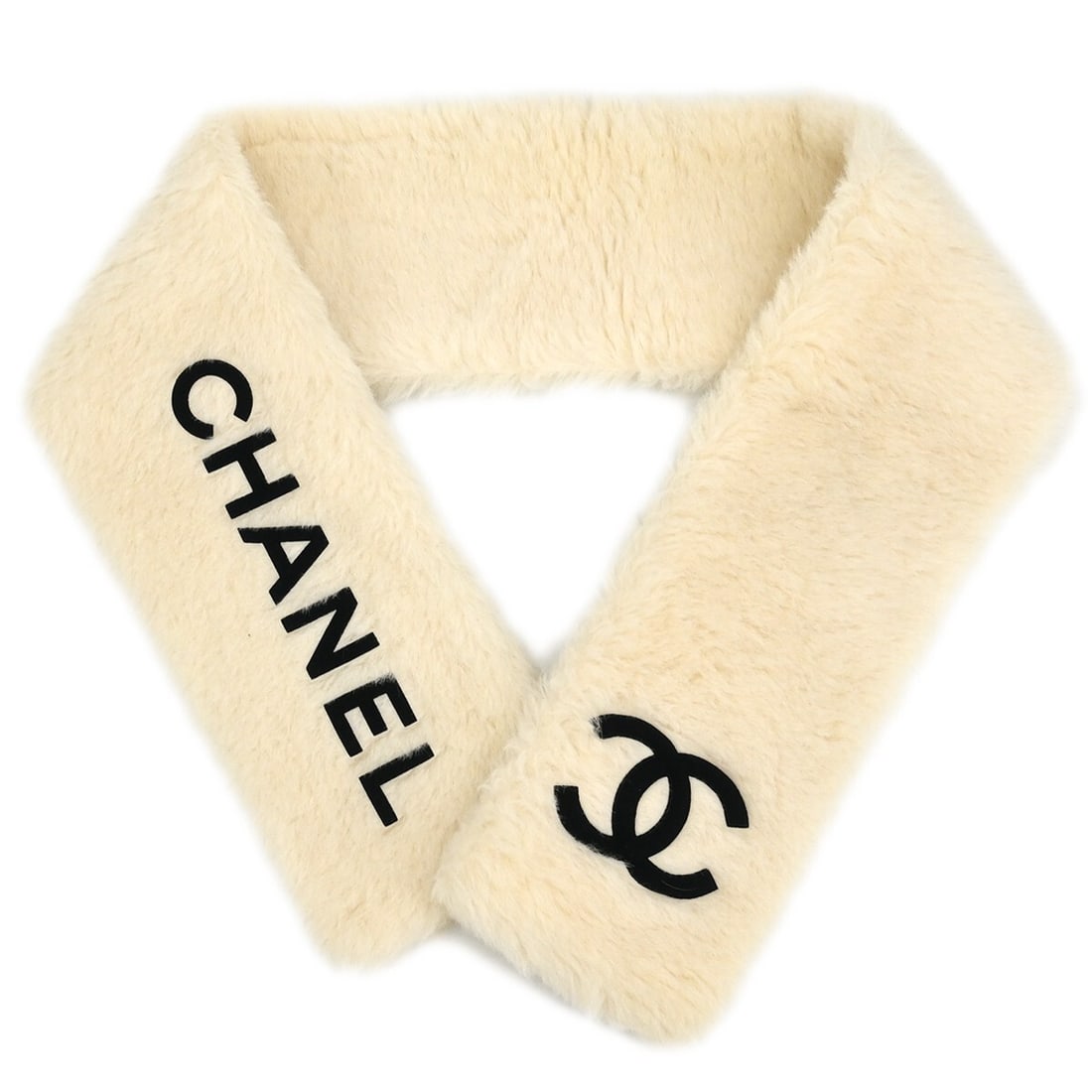 CHANEL Vintage Fur Shawl Wrap White Black Logo (1 of 4)