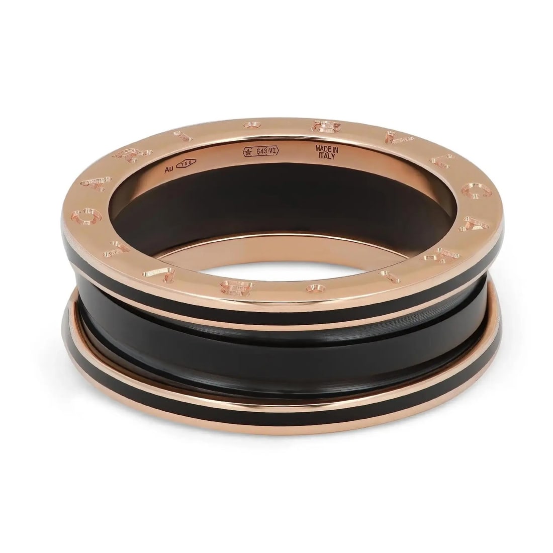Bvlgari B.Zero1 Two Band Ring Black Ceramic 18K Rose Gold Engraved: Bvlgari B.Zero1 Two Band Ring Black Ceramic 18K Rose Gold Engraved Elevate your jewelry collection with this stunning Bvlgari B.Zero1 Two Band Ring, expertly crafted in luxurious 18K rose gold. This b