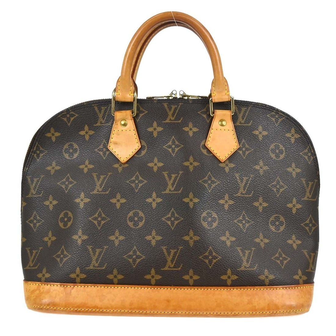 Louis Vuitton Alma M51130 Monogram Canvas Top Handle Bag: Louis Vuitton Alma M51130 Monogram Canvas Top Handle Bag Vintage Louis Vuitton Alma handbag in Monogram canvas with leather trim and double handles. This medium handbag features a zip closure, brown c