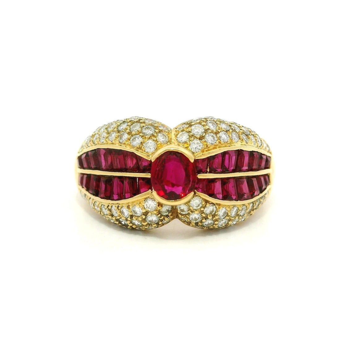 18k Yellow Gold 2.87ctw Ruby Diamond Cocktail Ring Size 8.5: 18k Yellow Gold 2.87ctw Ruby Diamond Cocktail Ring Size 8.5 This exquisite cocktail ring features a stunning combination of natural rubies and diamonds, set in solid 18k yellow gold. The centerpiece i