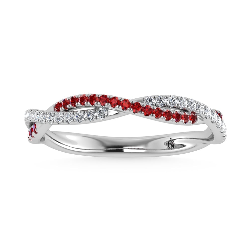 14K White Gold Diamond 1/4 Ct. Tw. Diamond and Ruby Band: 14K White Gold Diamond 1/4 Ct. Tw. Diamond and Ruby Band 14k White Gold Stone Color: G-h Stone Clarity: Si3 Each ring is presented in standard size 6.5. Complimentary resizing is available between siz